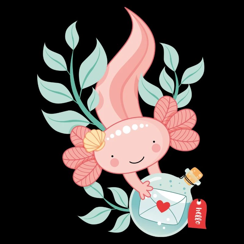 Axolotl avec message dans une bouteille