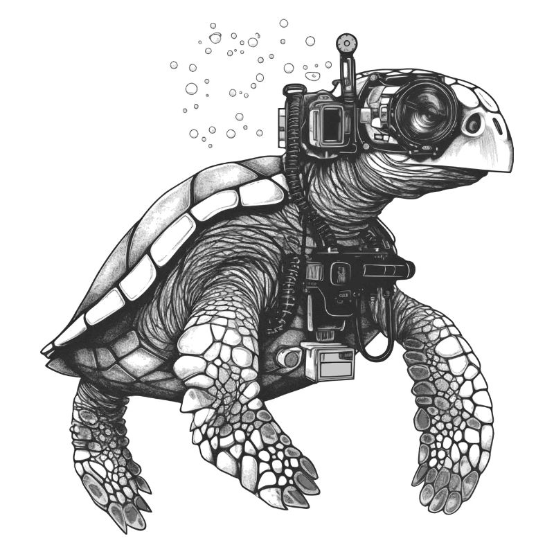 Tortue avec accessoires de plongée en tant que plongeur