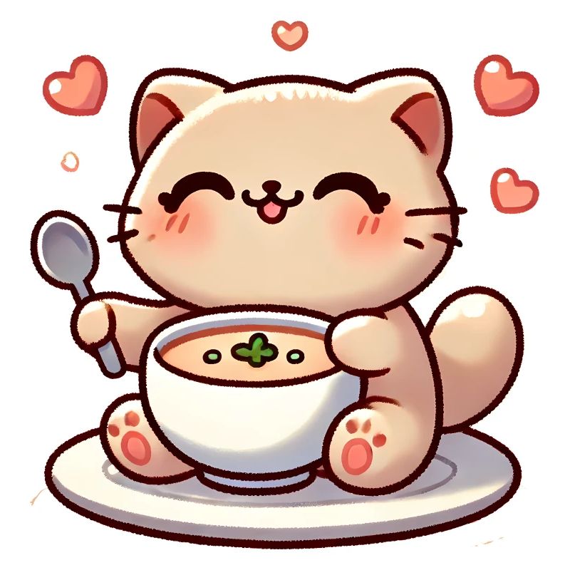 Chat kawaii mangeant de la soupe, Aime les chats