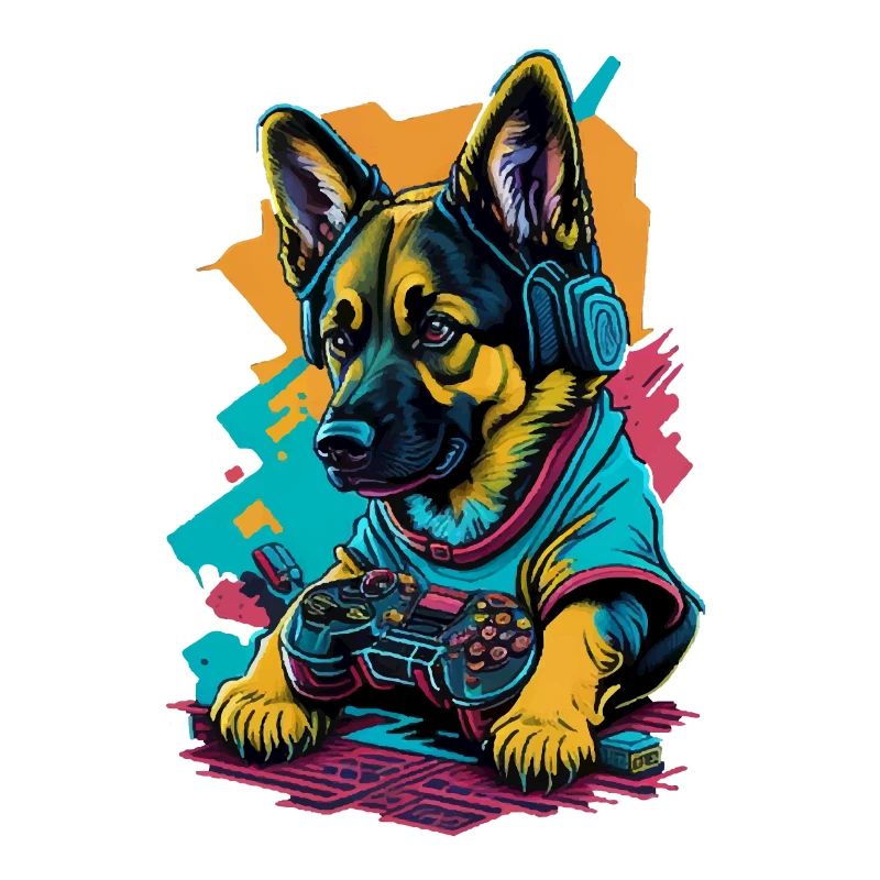 German Shepherd puppy plays with game control