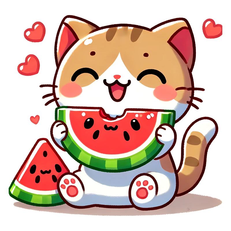Chat mangeant de la pastèque, Amour des chats kawaii