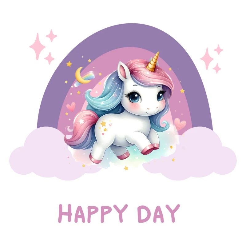 Glücklicher Tag mit einem fliegenden Einhorn im Regenbogen