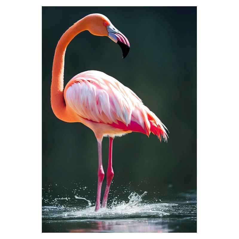 Flamant rose dans un lac avec des éclaboussures d’eau