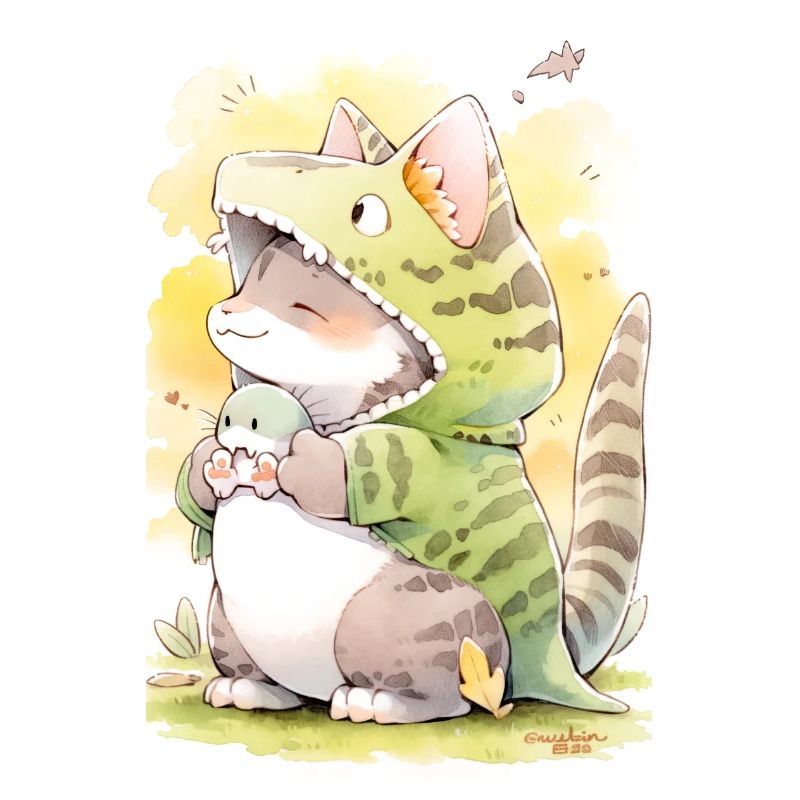 Dino Kitty: Adorable dessin d’un chat d’anime mignon