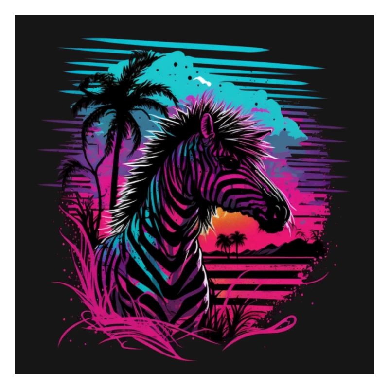 Zebra with neon colors, synthwave / 80s