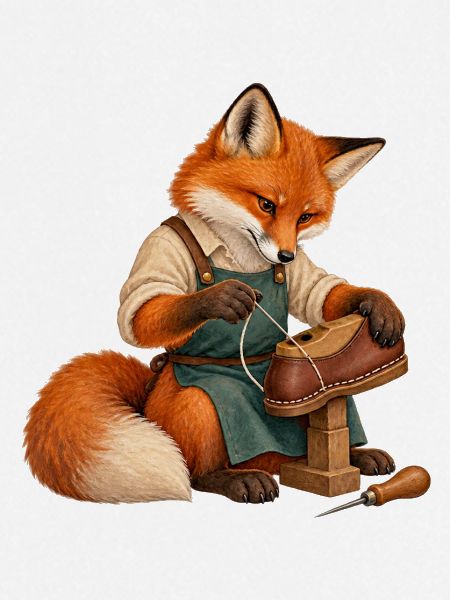 Fuchs näht eine Schuhsohle