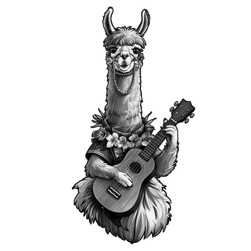 Llama Playing Ukulele - Black White