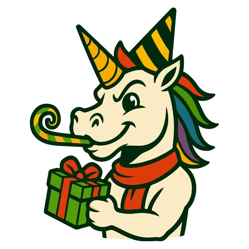 Einhorn hält ein Geschenk Spaß Festliche Feiertagskunst
