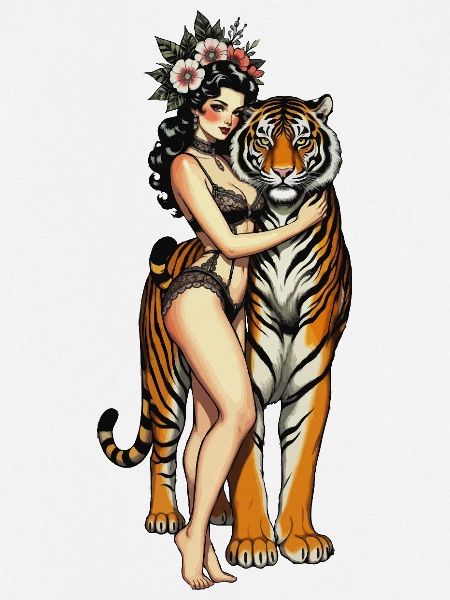 Pin-up-Mädchen mit Tiger