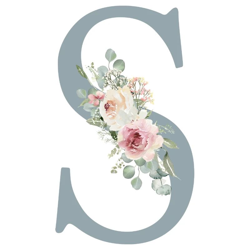 S| Monogramm | Eukalyptus-Pastell-Blumen-Blau