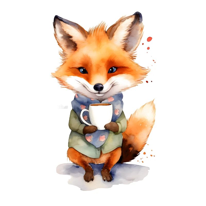 Fuchs mit Kaffee -Aquarellstil