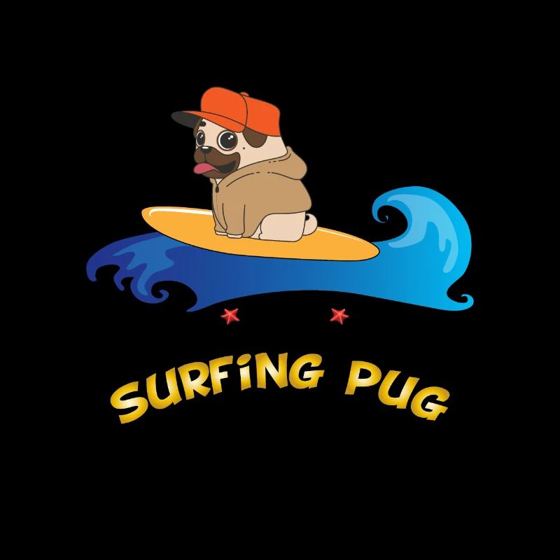 Surfender Mops Surfing Pug Mops auf Surfbrett