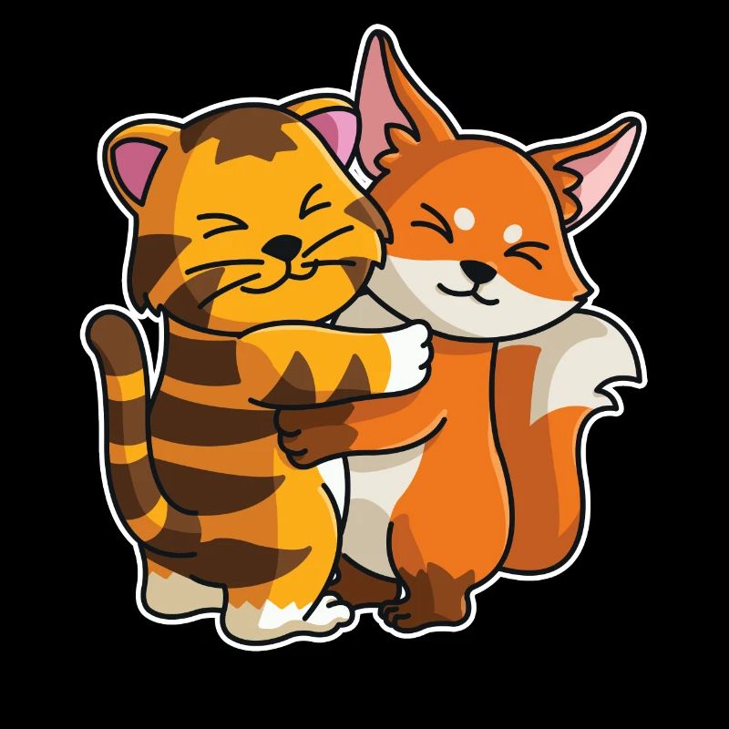 tabby cat and fox cute Hug Cuddle Animals