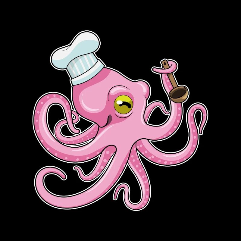 Octopus as a cook with a wooden spoon