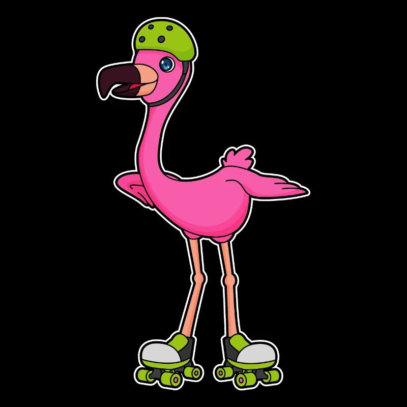 Flamingo as a skater with roller skates & helmet