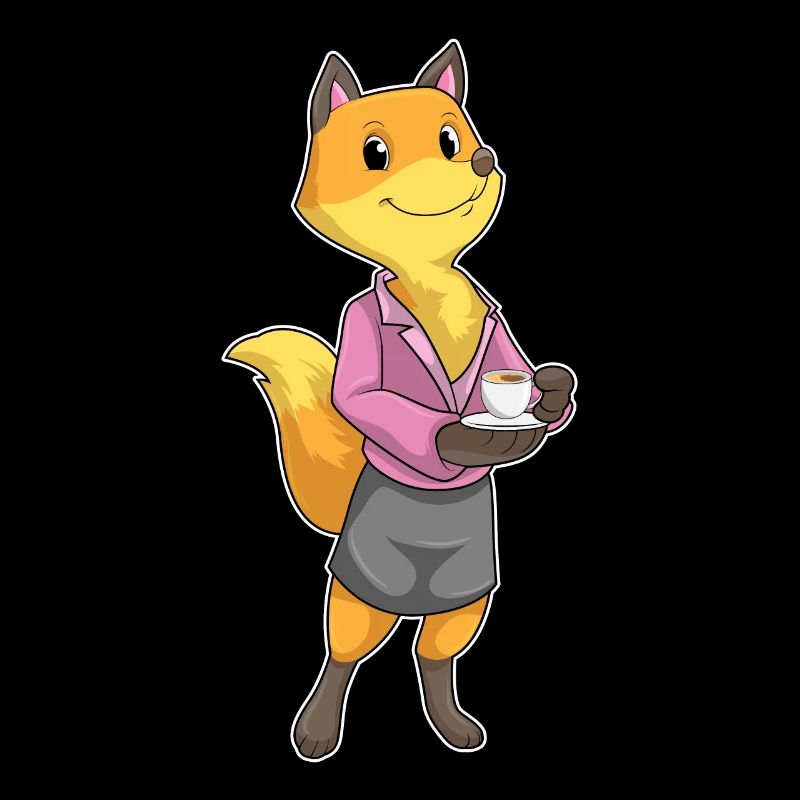 Fuchs als Sekretärin mit Tasse Kaffee