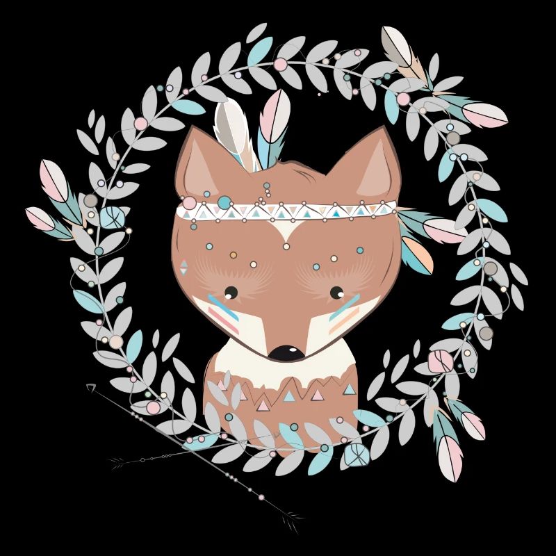 small fox with feather decoration in ethno frame