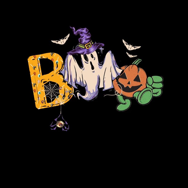 Boo Halloween Bat Pumpkin Ghost and Spiders