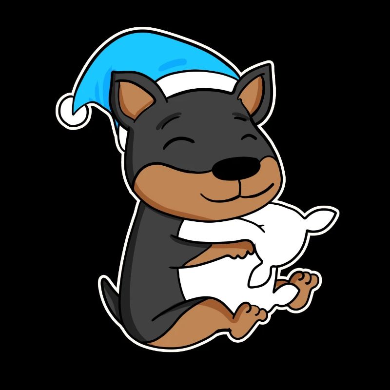 Dog Dwarf Pinscher with pillow and sleeping cap