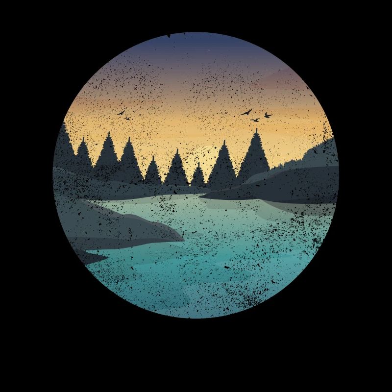 RETRO RIVER WITH FOREST AND BIRDS AT SUNSET