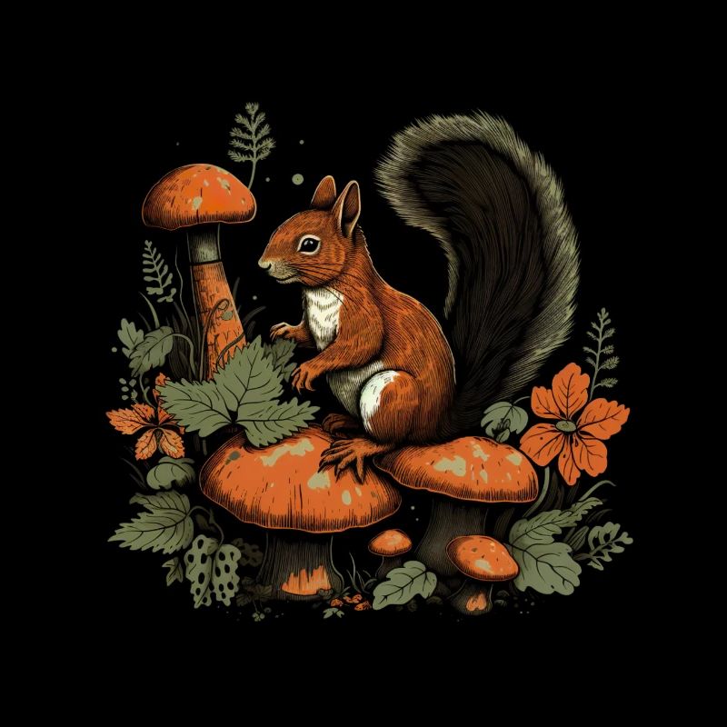 Herbst Eichhörnchen auf Orange Pilz Wald Szene
