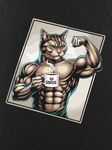 Powerful cat with coffee