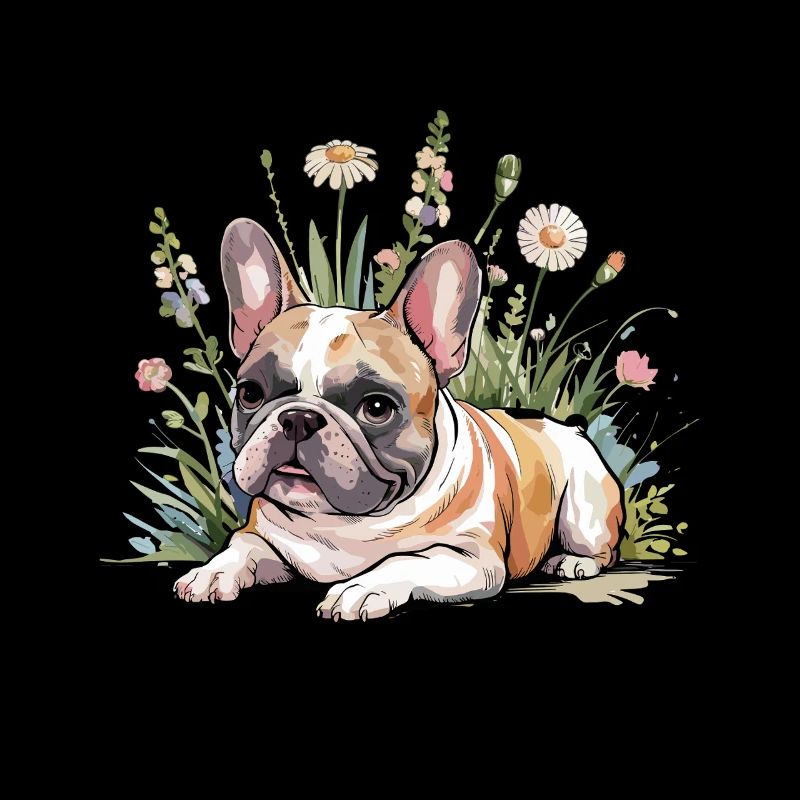Bouledogue français dans un champ de fleurs relaxant