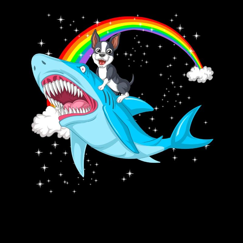 Mignon Boston Terrier Riding Shark sous l’arc-en-ciel