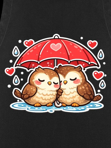Cuddly owls under red umbrella