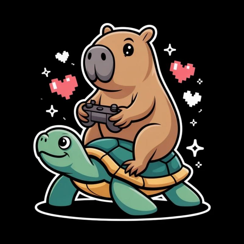 Gamer duo capybara on turtle