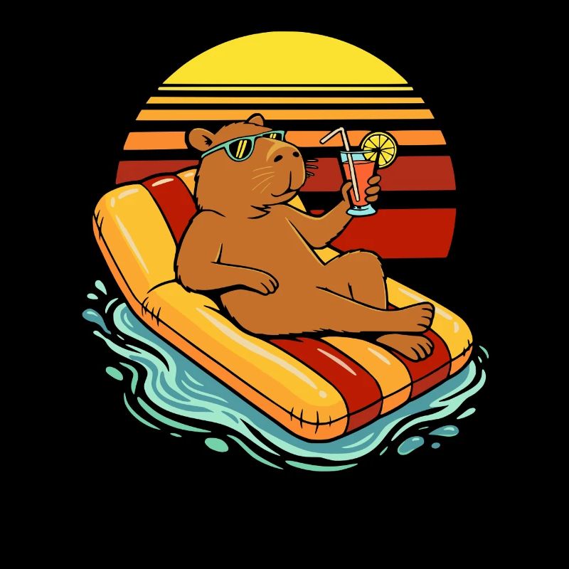 Le capybara sur un matelas gonflable boit du jus