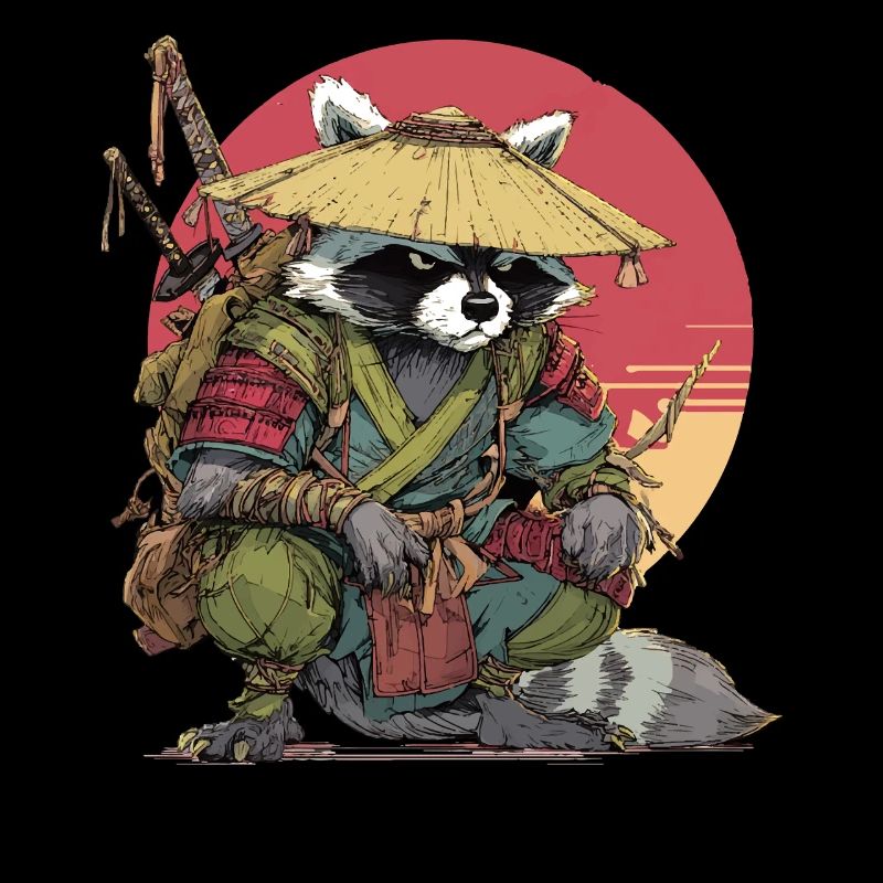 Waschbär-Samurai mit Strohhut