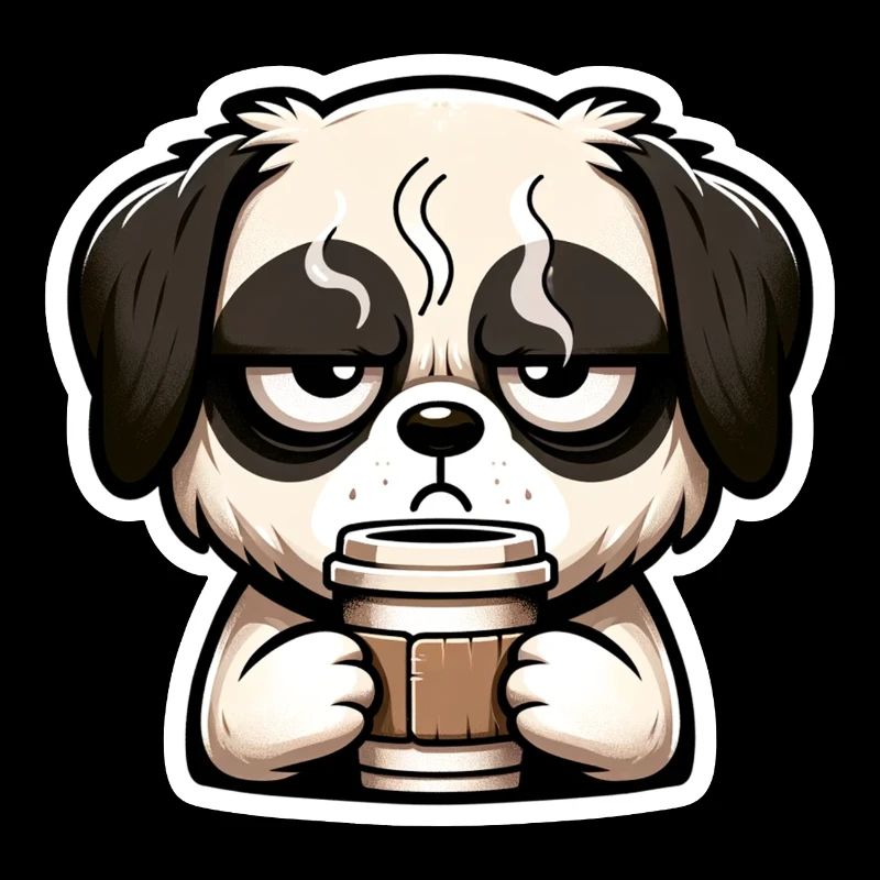Grumpy dog drinking his morning coffee