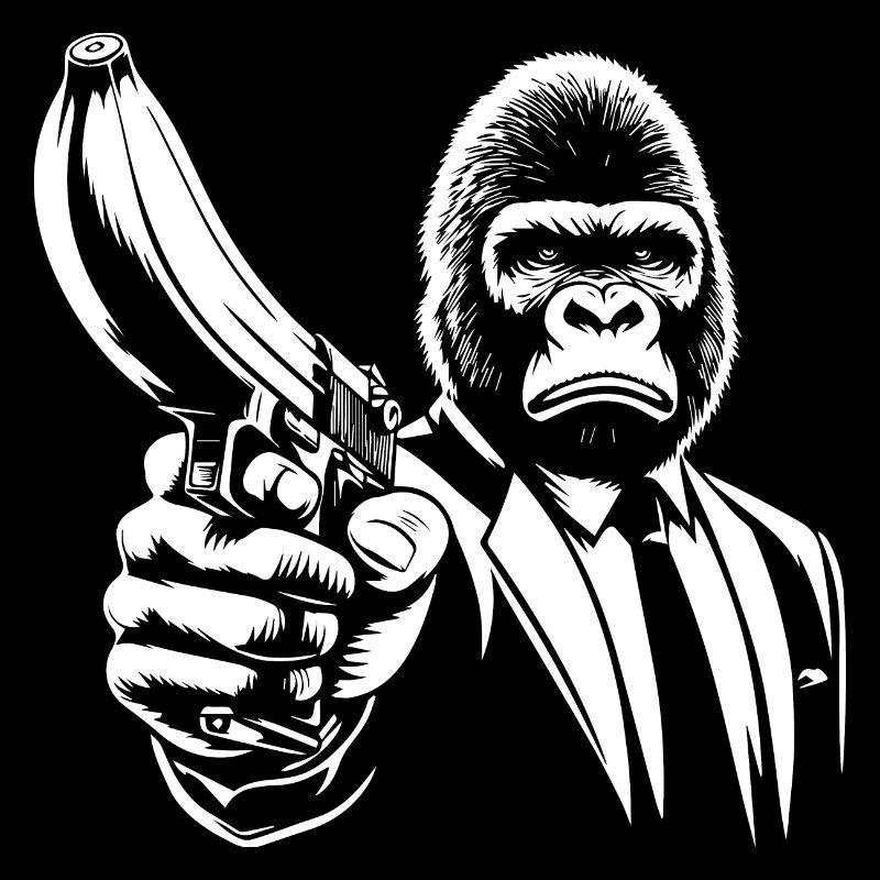 Gorilla mit einer Banane als Waffe