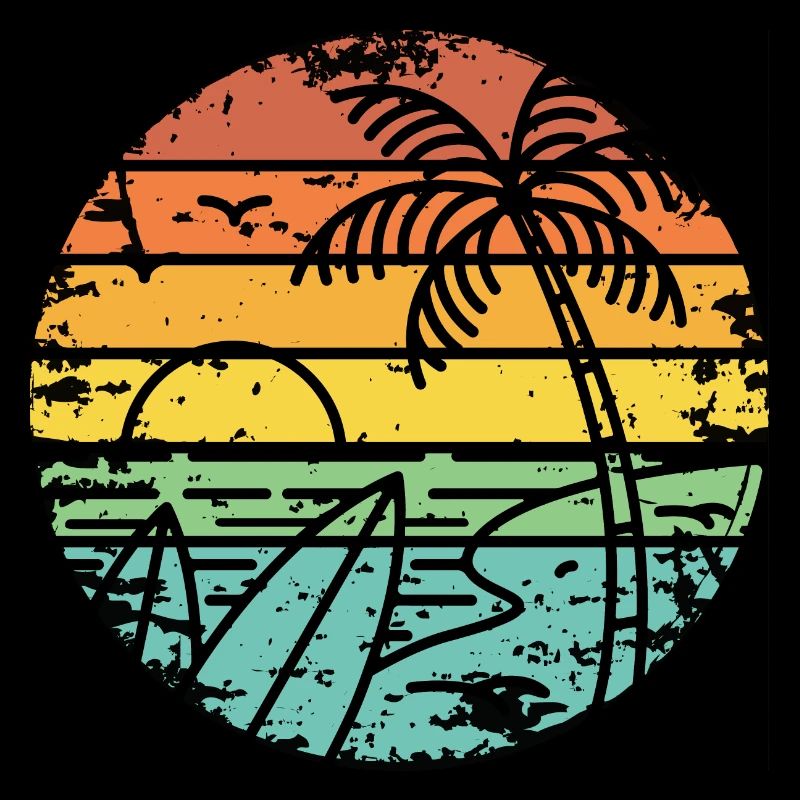 retro sunset Strand Palmen Surfbrett