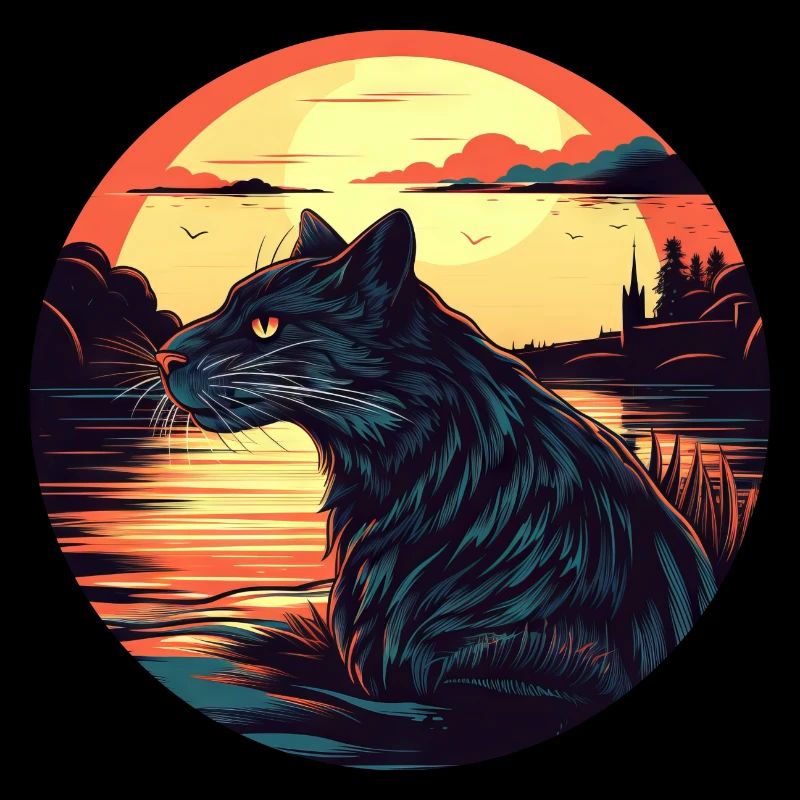 Chat noir dans l’eau au coucher du soleil