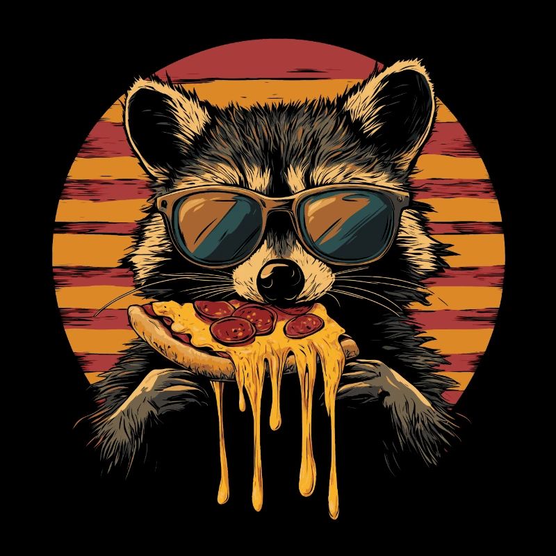 raton laveur en lunettes de soleil mangeant de la pizza
