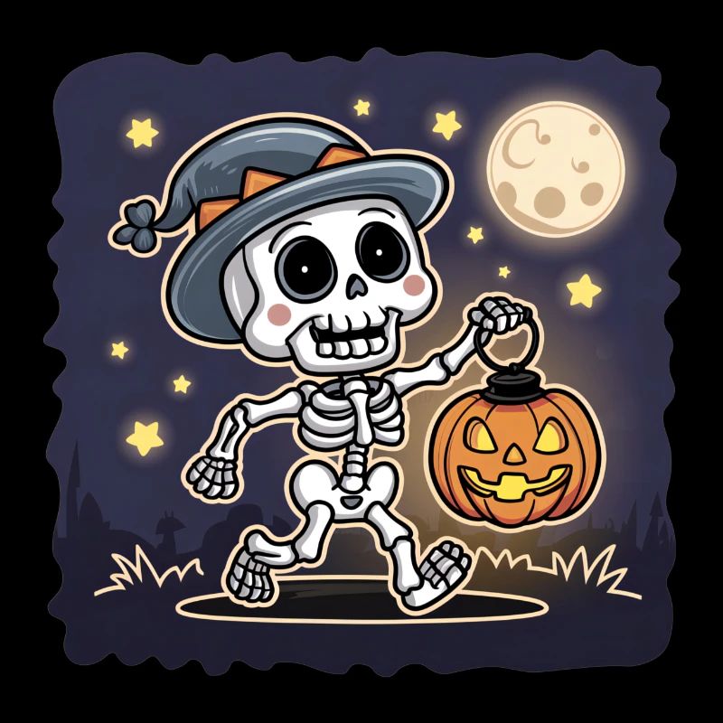 Cute Skeleton with Pumpkin Lantern Halloween