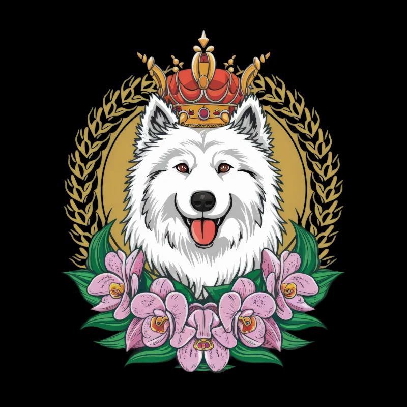 Cartoon Samoyed Spitz with Orchids and Crown