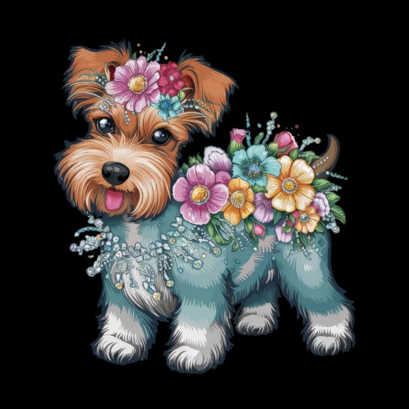Terrier de dessin animé mignon avec des fleurs colorées