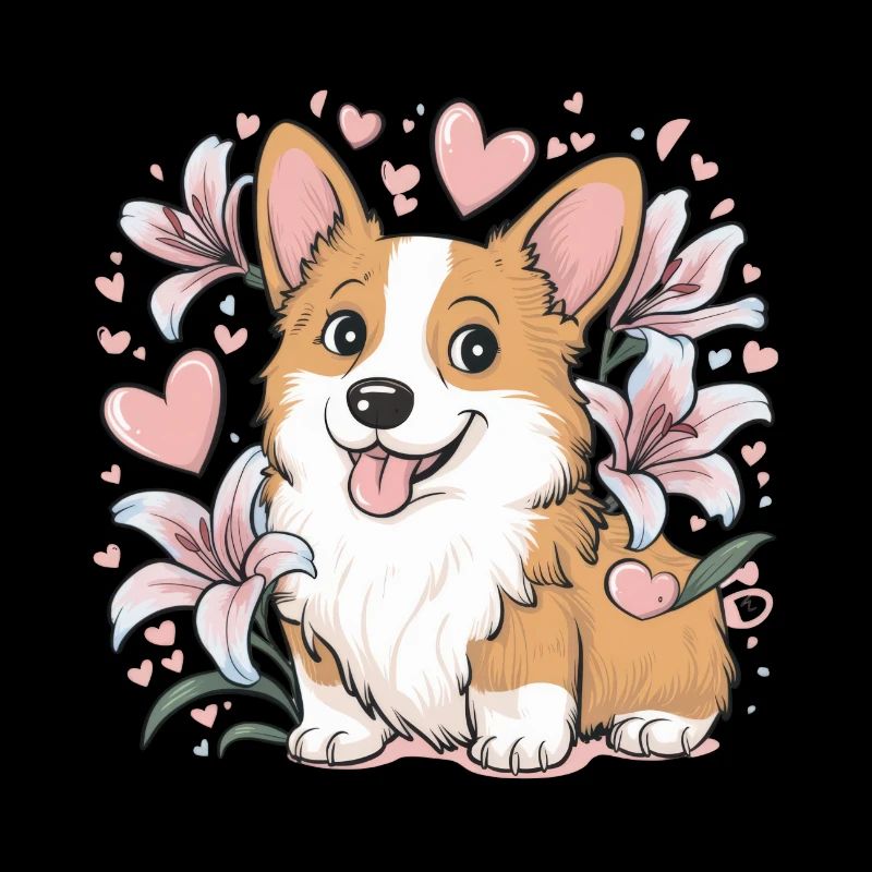 Mignon corgi de dessin animé avec des lys et des coeurs