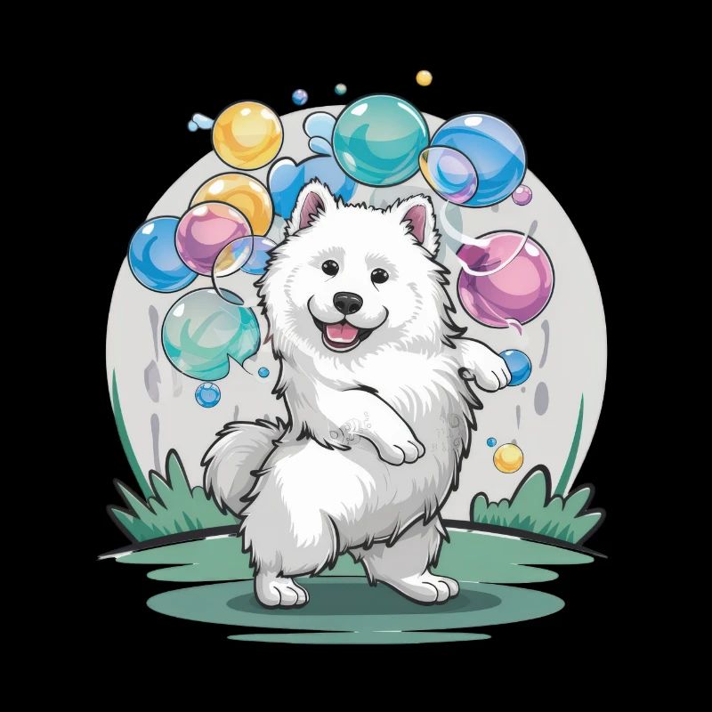 Samojede Hund mit Seifenblasen