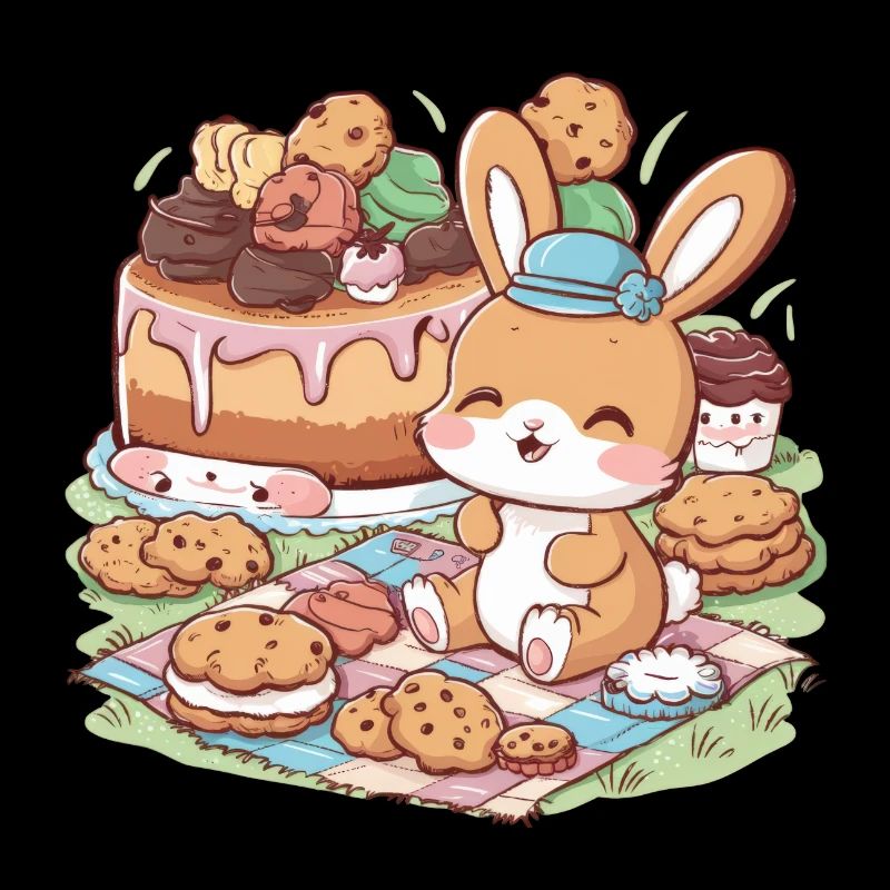 Dessin animé lapin kawaii avec des biscuits et un gâteau