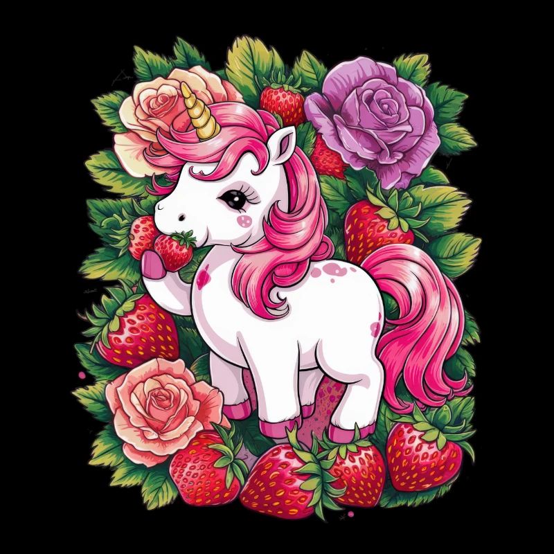 Kawaii Einhorn mit Erdbeeren und Rosen