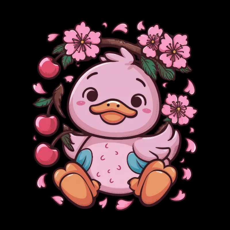 Duckling with cherries and sakura cherry blossoms