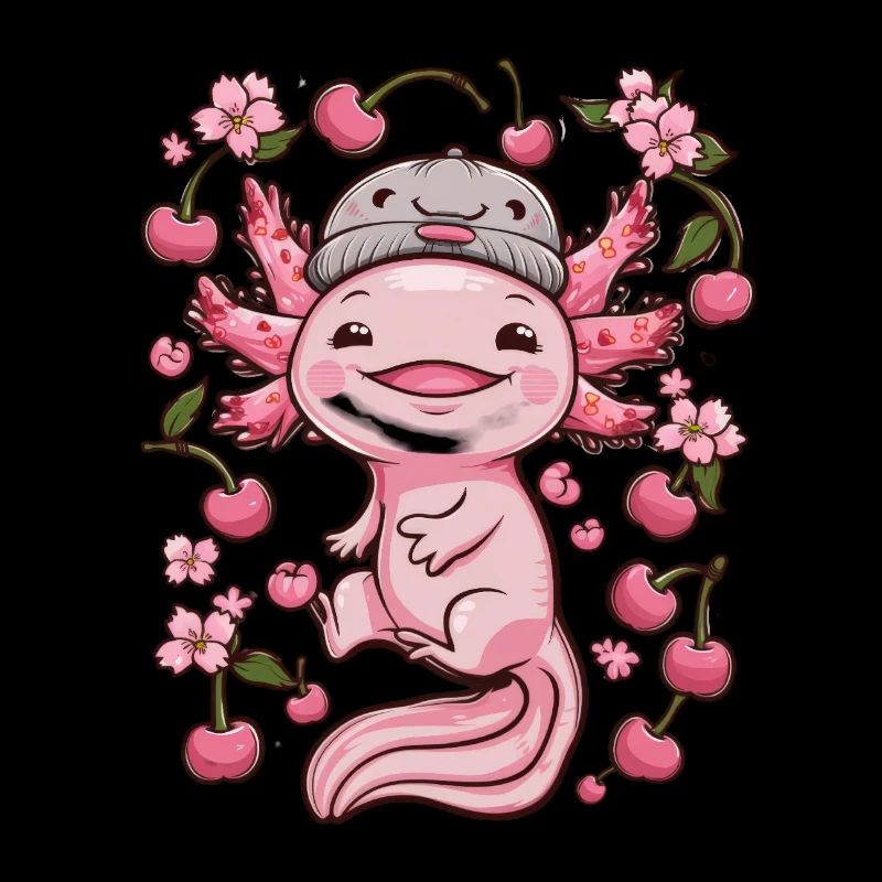 Axolotl with Cherries and Sakura Cherry Blossoms