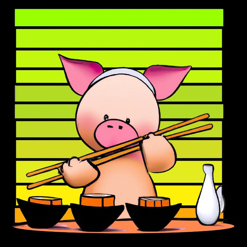 Pork tries sushi with chopsticks