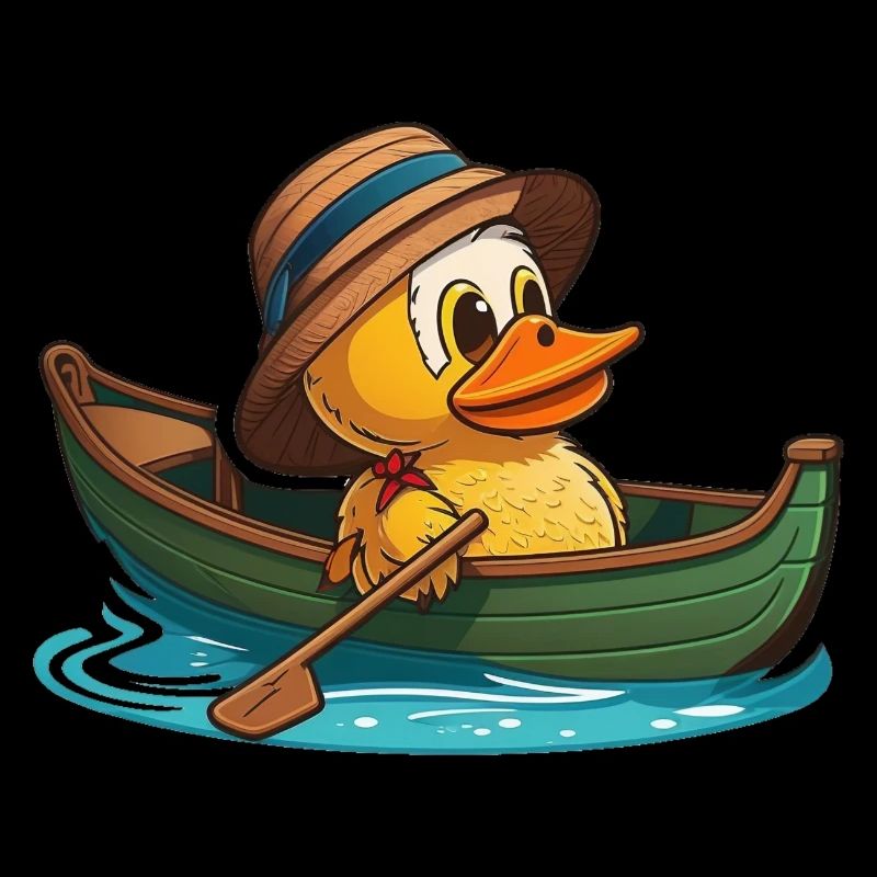 Canard mignon en bateau à rames avec chapeau d’été et fleur