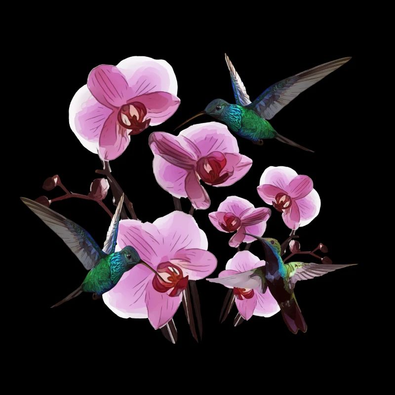 Colibris avec orchidées rose vert