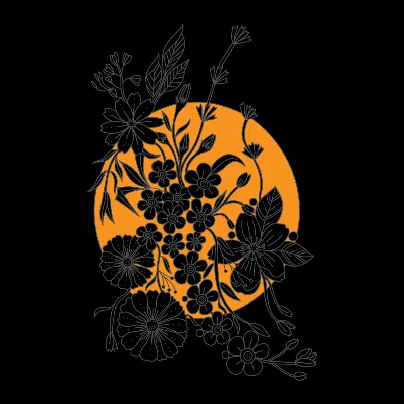 Zentangle Black flowers with orange sun